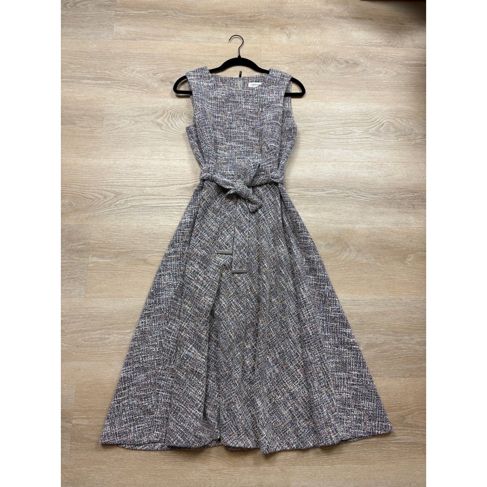 Calvin Klein Tweed A-Line Midi Dress Tie Waist Multi Color Women's 8